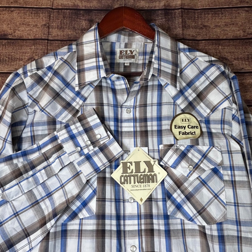 Ely Cattleman Mens Plaid Western Snap Front Shirt Blue Brown White Large NWT